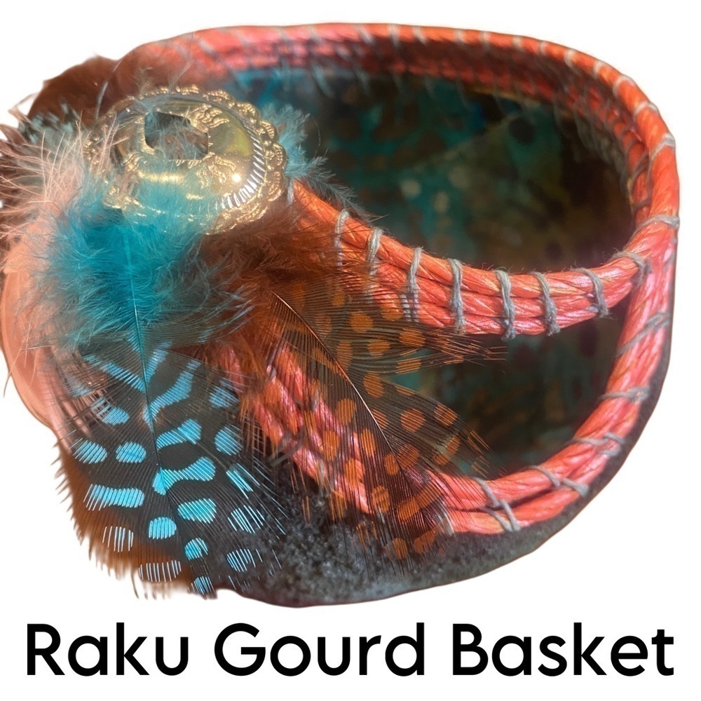 Basket Gourd with Raku finish - Artist made by Martha Cline Turquoise Feathers